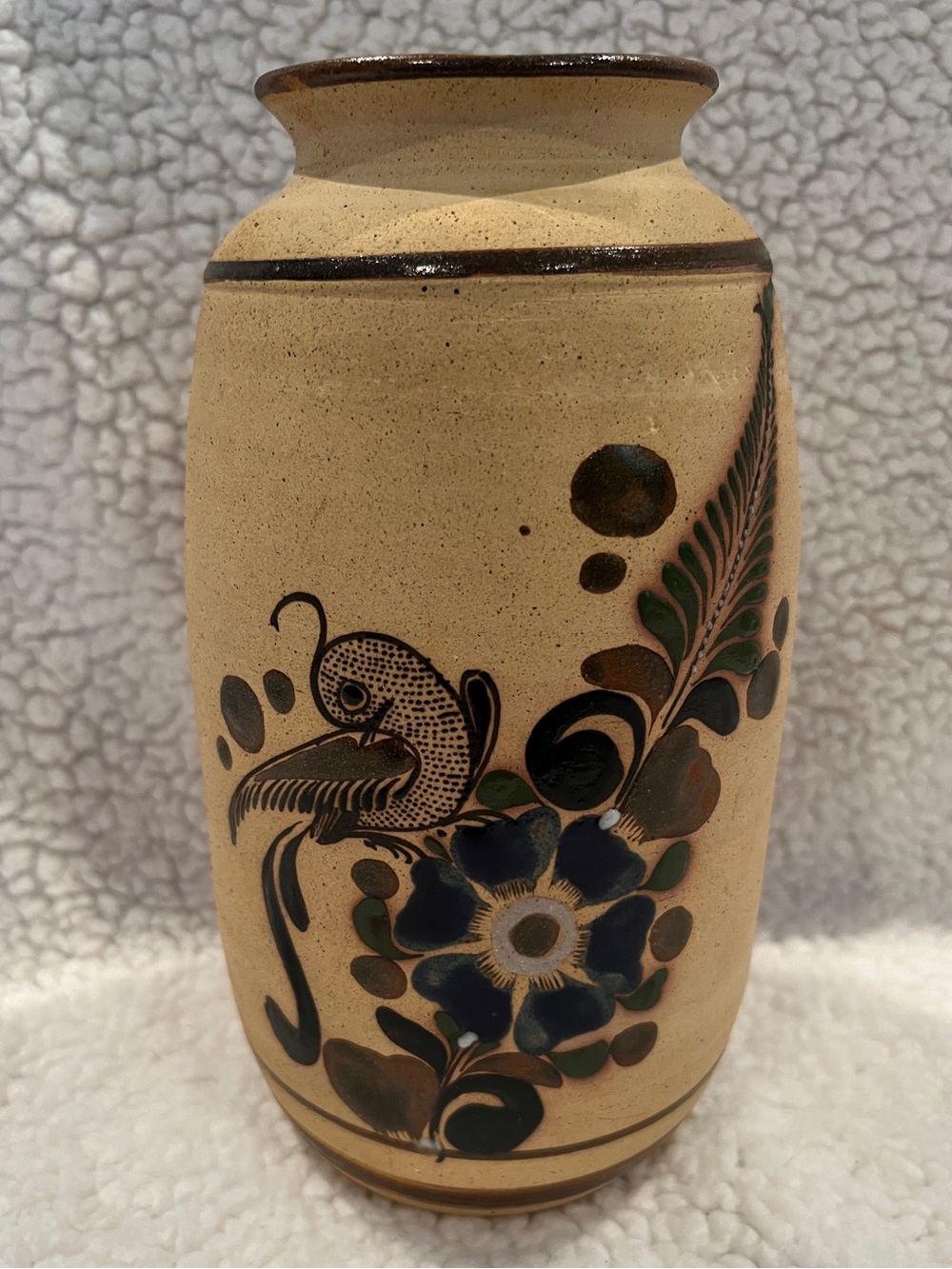 Hand Painted Art Pottery Mexican Tonala Bird Flowers Floral Vase Signed 9”